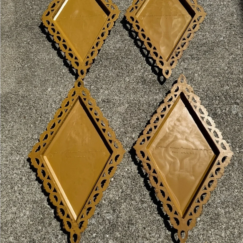 Vtg HOMCO Roman Gold Diamond Shaped Wall Plaques Ornate MCM Set Of 4